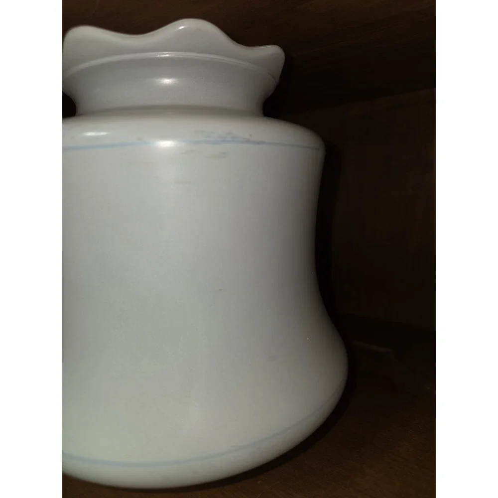 VTG white milk glass hurricane lamp shade featuring blue stripes W/ Ruffled Rim